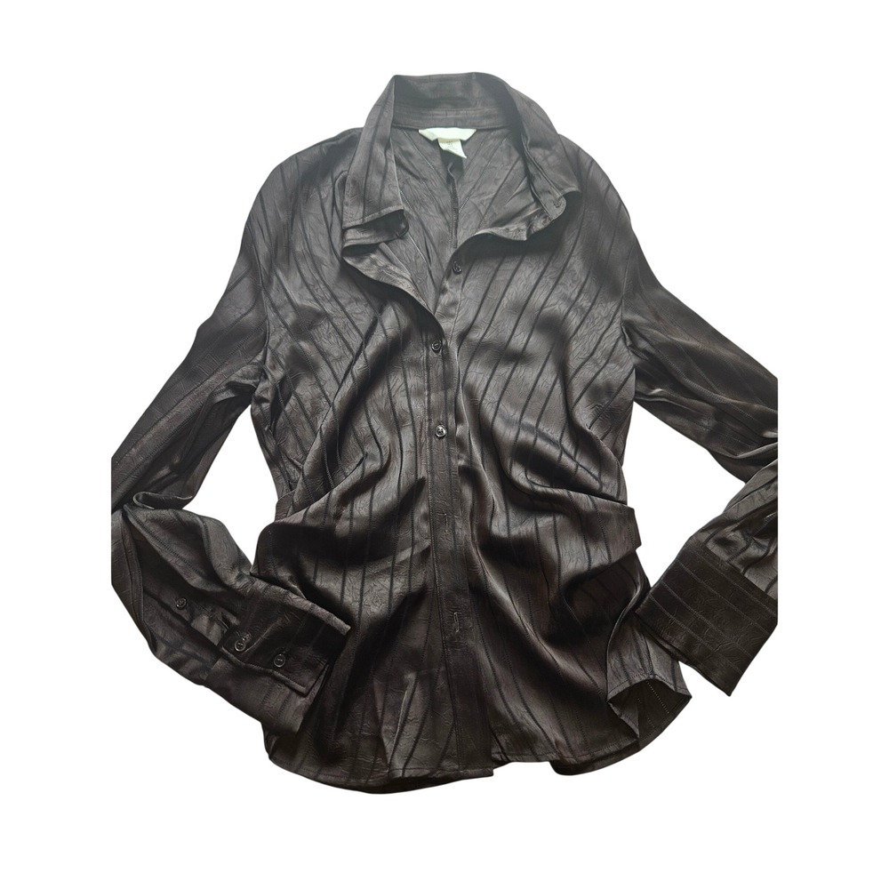 H&M Dark Brown Textured Vertical Stripe Button Down Shirt Small